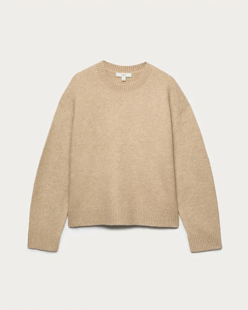 M&S Crew Neck Relaxed Jumper with Wool, Medium Beige